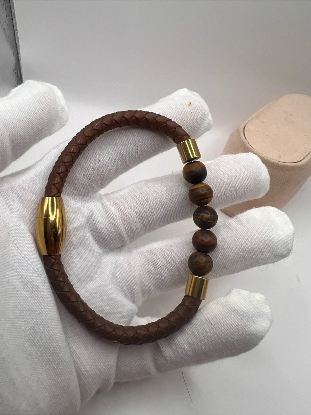 Brown Braided Leather Bracelet with Tiger Eye Beads and Gold Accents